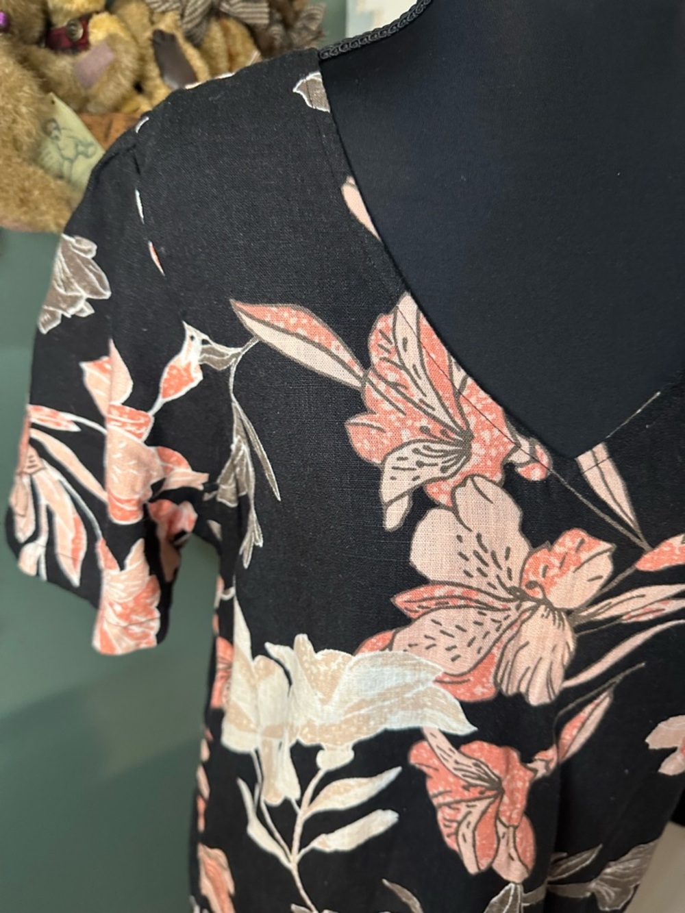 Nicole Miller Linen Blend Floral Dress Black Pink Casual Shift Dress M - Picture 5 of 6
